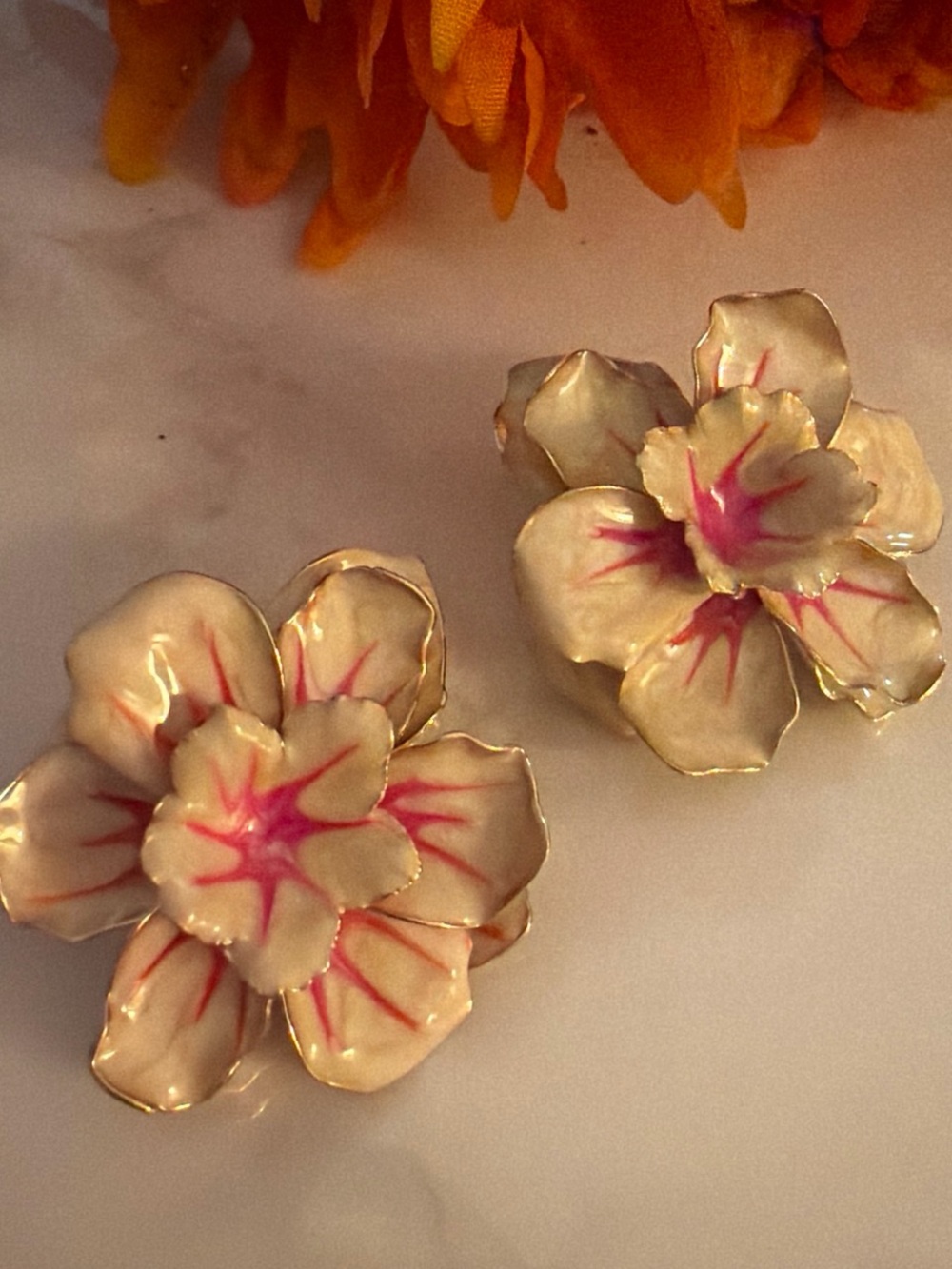 Cream and Pink Enamel Floral earrings
